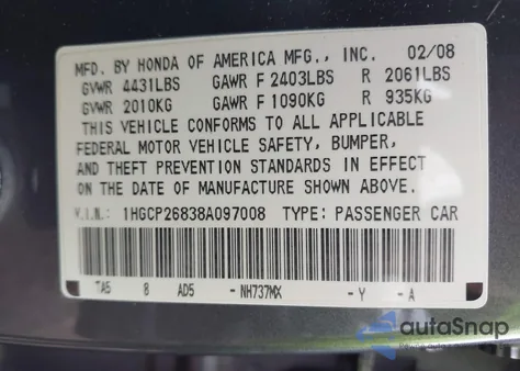 2008 Honda Accord 2.4 Ex-L из США, поврежденный, VIN 1HGCP26838A097008